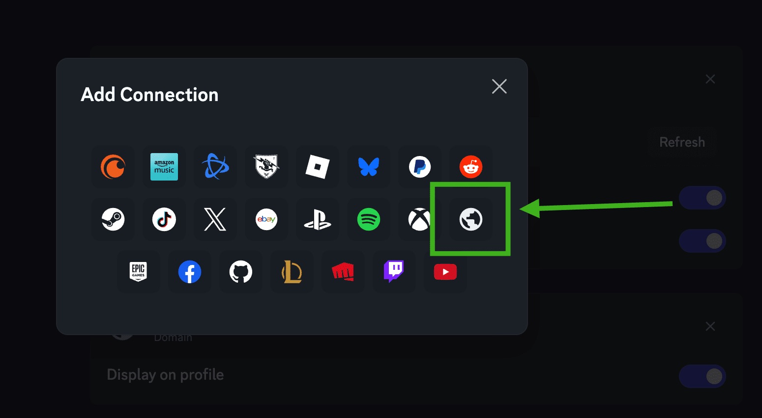 The Add Connection modal with the Domain icon highlighted