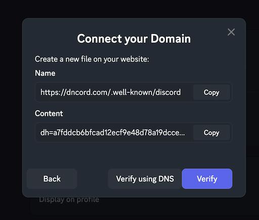 The Connect your Domain dialog showing HTTP file verification details